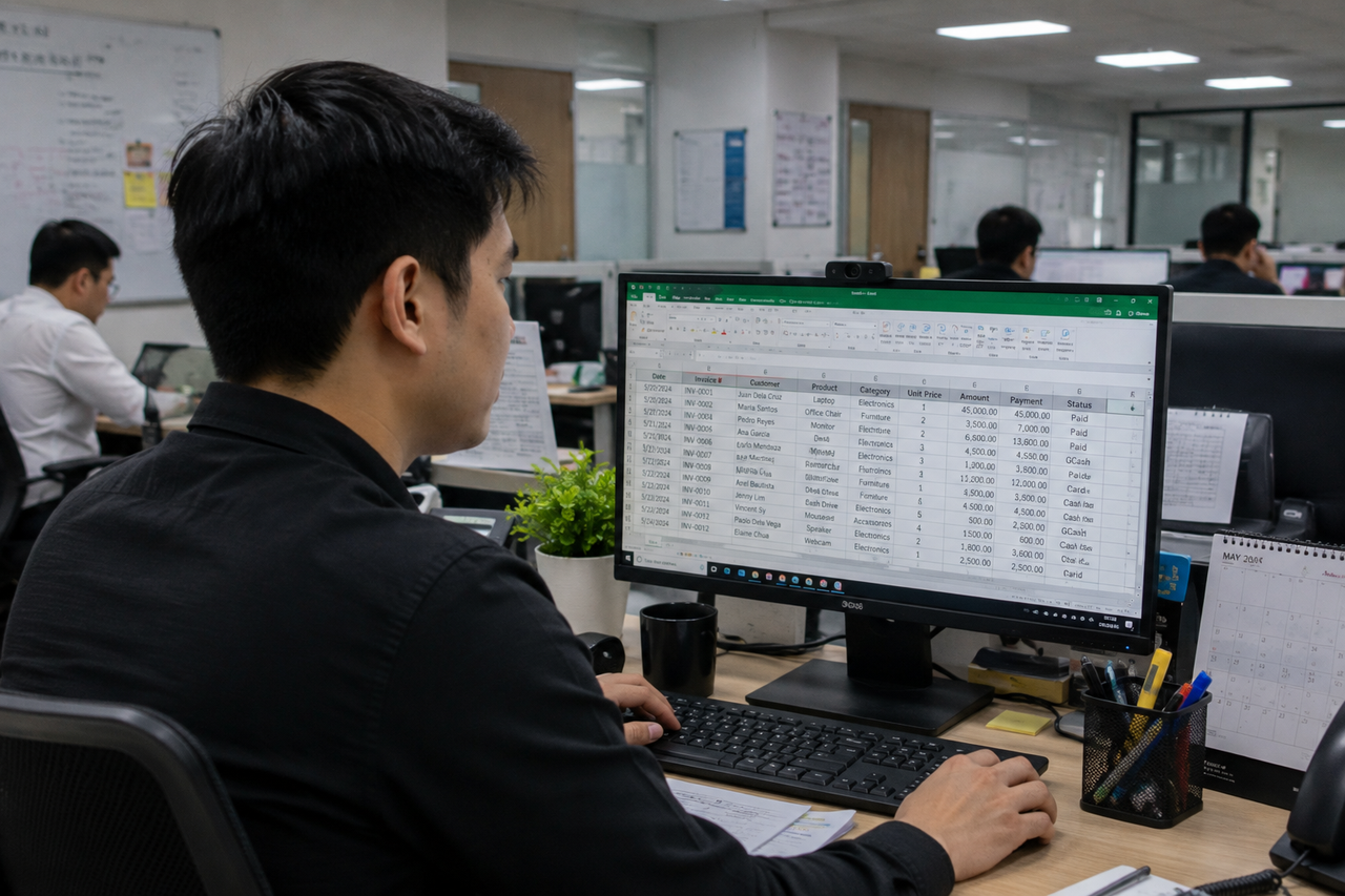 Office employee reviewing a sales spreadsheet in Excel