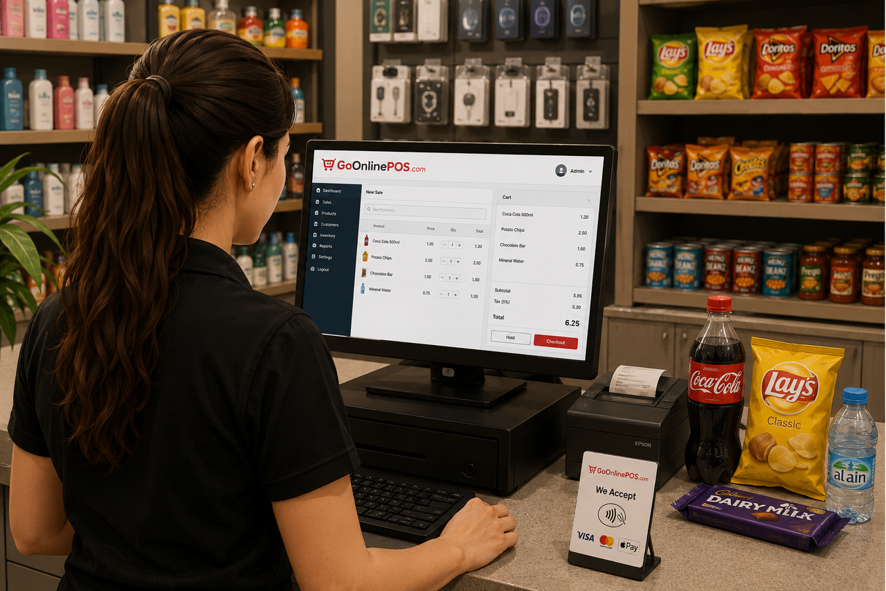 Cashier ringing up a sale on GoOnlinePOS at a retail checkout counter